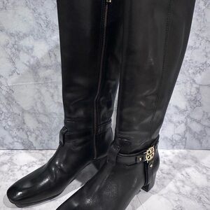Tory Burch Donovan Riding Boots Black Leather Gold Logo Harness 7.5